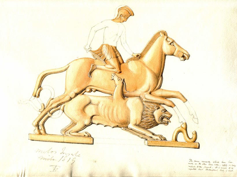 201 terracotta of man riding a horse, on a lion